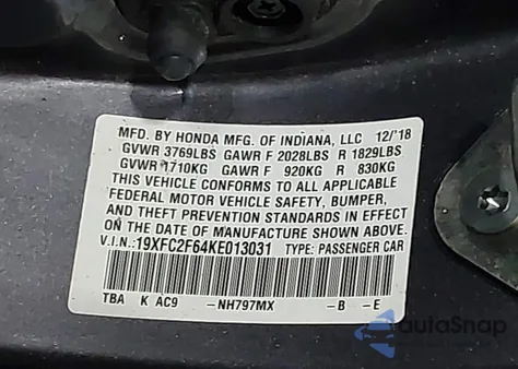 2019 Honda Civic Lx from USA, damaged, VIN 19XFC2F64KE013031